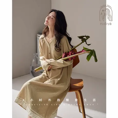 妮狄娅睡衣睡裙女春季纯棉长袖简约复古中长裙春秋可外穿家居服图片