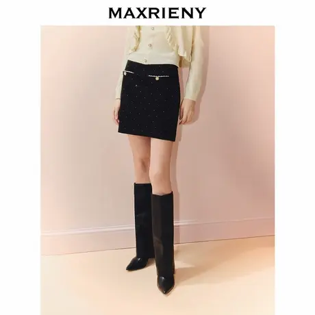 MAXRIENY优雅复古小香风收腰短款小A半裙25秋款烫钻a字高腰短裙图片