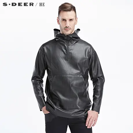 sdeerhe圣迪奥街头风时尚酷感纯黑亮皮半开襟套头上衣H15372243图片