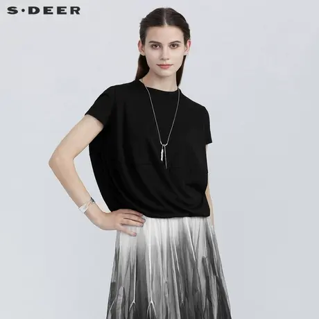 sdeer圣迪奥女装夏装休闲圆领拼接茧型黑色T恤S21280114图片