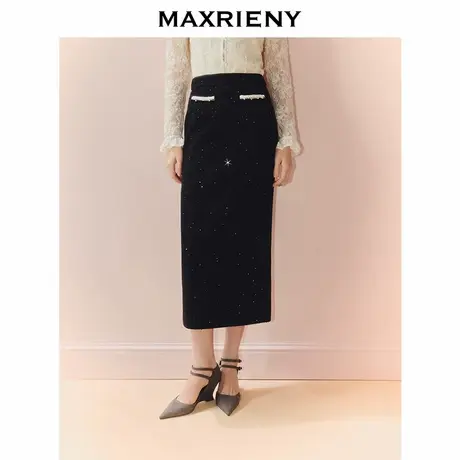 MAXRIENY小香风花纱半裙千金miu系穿搭撞色亮片高腰直筒中长裙秋图片