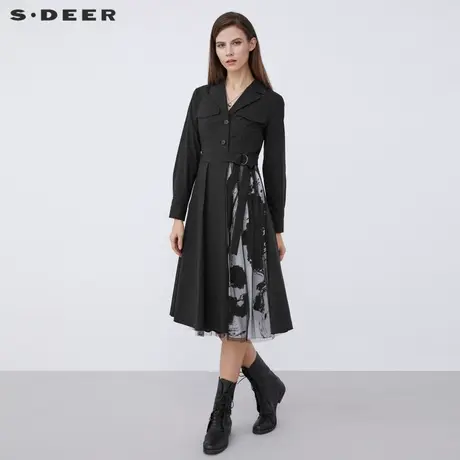 sdeer圣迪奥女装春秋装西装领水墨印花网纱收腰连衣裙S213Z1225图片