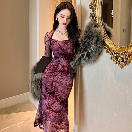 高冷御姐风网纱长袖鱼尾裙女春秋显瘦减龄水墨印花包臀紫色连衣裙图片