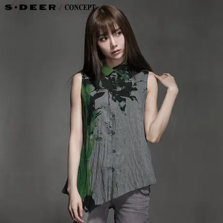 【夏装新品】sdeer圣迪奥专柜正品女先锋绿意水墨斜襟衬衫5280636图片