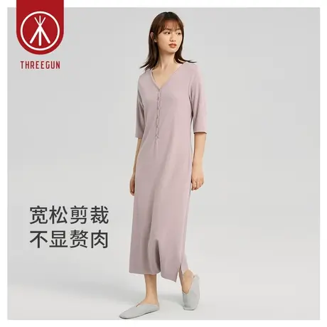三枪抗菌女睡裙春秋新品高支爽滑竹棉宽松透气V领女士家居裙图片