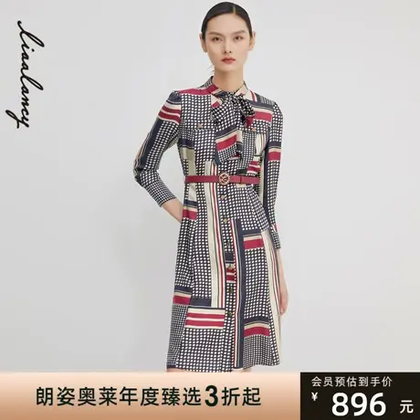 朗姿[圆梦波尔卡]连衣裙冬季新款真丝飘带领结复古印花长裙图片