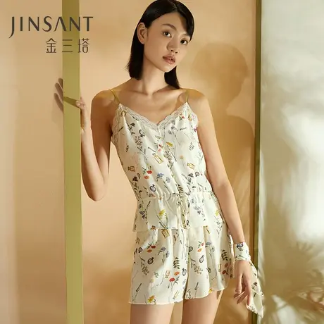 金三塔100%桑蚕丝真丝女士时尚印花性感吊带套装家居服23年新品商品大图