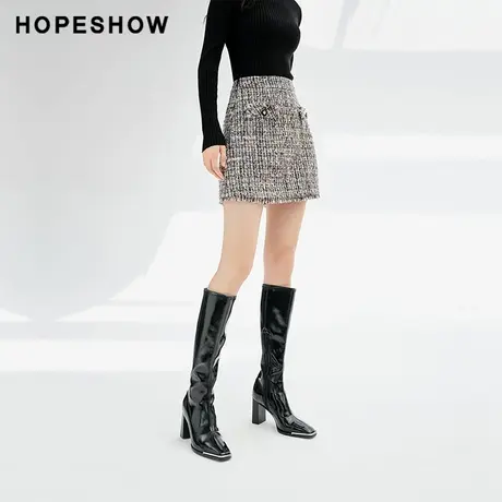 红袖outlets老钱风A字粗花呢短裙hopeshow2023冬款香风淑女半身裙图片