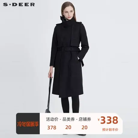 sdeer圣迪奥女装休闲立领撞色格纹收腰H型毛呢大衣S20461812图片