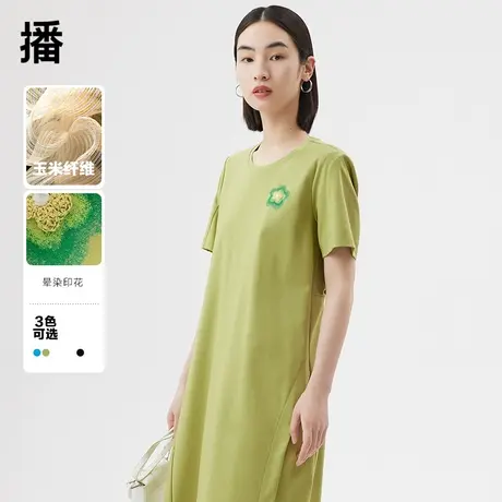 播中长款连衣裙女2023夏秋新款通勤文艺不对称下摆圆领短袖裙子图片