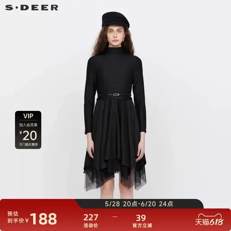 sdeer圣迪奥女装高领收腰网纱肌理长袖连衣裙S23181201图片