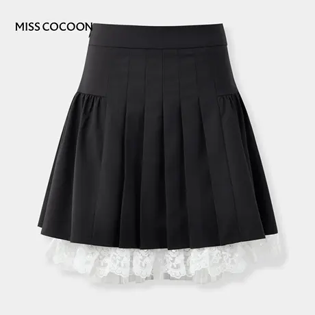 【七七酱直播间】cocoon黑色百褶裙女小个子短裙蕾丝拼接半身裙图片