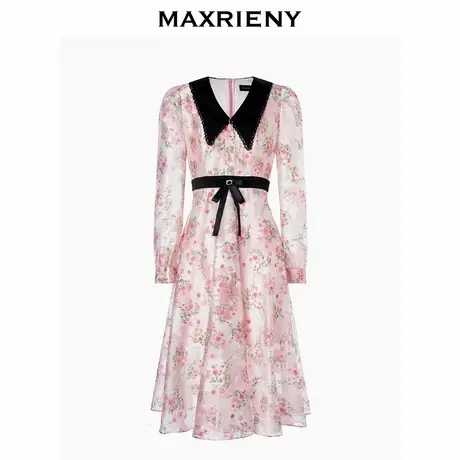 MAXRIENY温柔春日少女感桃花印花撞色连衣裙修身长裙图片