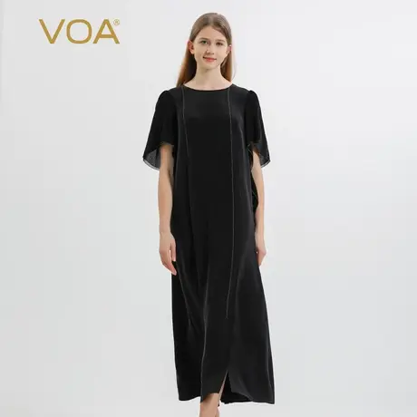 VOA30姆米重磅桑蚕丝黑色圆领黄线装饰尖角飘带短袖真丝连衣裙图片