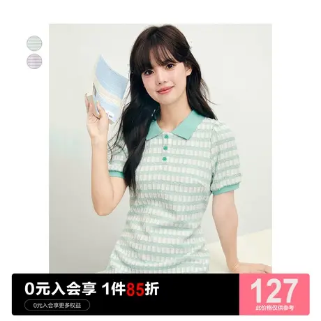 乐町条纹连衣裙2023夏季新款女装Polo裙针织休闲通勤宽松连衣裙图片