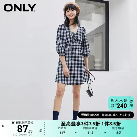 ONLY奥莱夏季文艺V领版型格子收腰小妖精裙连衣裙女图片