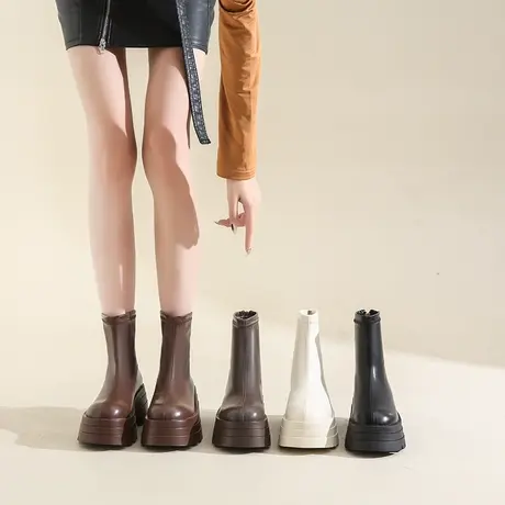 厚底增高弹力靴女2024秋季新款瘦瘦靴拉链百搭松糕圆头显瘦短靴女商品大图
