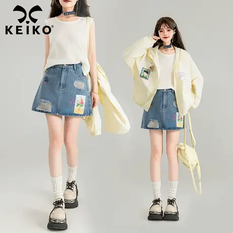 KEIKO 文艺水彩贴布牛仔半身裙夏季个性毛边破洞休闲A字包臀短裙图片