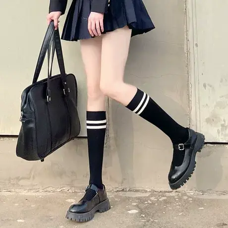 黑色jk双杠微压显瘦小腿中长筒袜子女春秋夏季薄款学院风ins图片