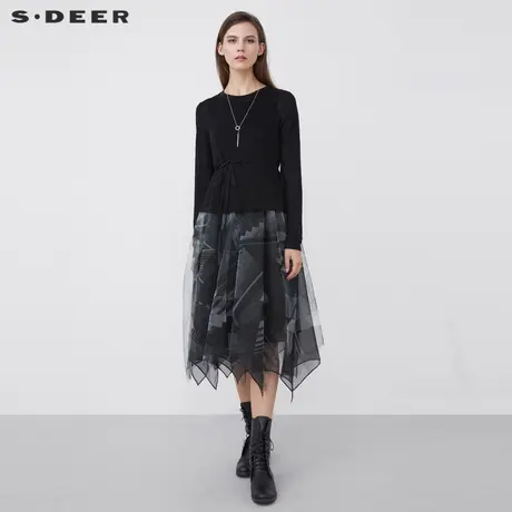 sdeer圣迪奥女装22新品圆领收腰网纱印花两件套连衣裙S213Z1229图片