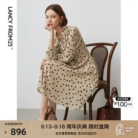 【会员专享】朗姿法式复古波点印花飘带领连衣裙2023秋新款裙子女图片