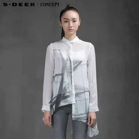 sdeer圣迪奥夏装几何图案绘意微透雪纺衬衫S15280590图片