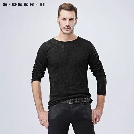 sdeerhe圣迪奥男装个性时尚圆领纯色烂花男士长袖针织衫H15373513图片