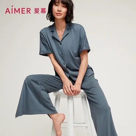 爱慕睡衣女可外穿夏季薄款五分袖简约舒适翻领家居服套装AM466181图片