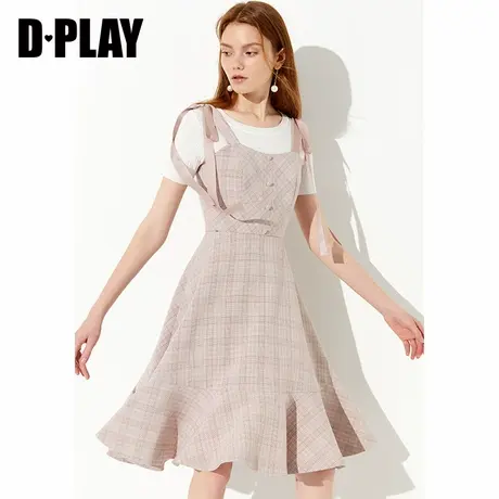 DPLAY夏新品欧美粉色格纹系带背带连衣裙收腰修身减龄图片