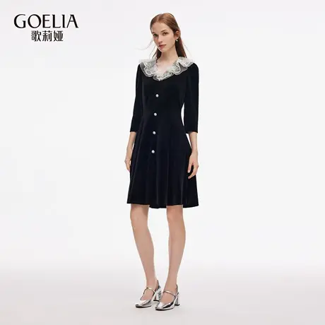 歌莉娅丝绒连衣裙女2025新款秋季大方得体穿搭巨好看绣花领小黑裙图片