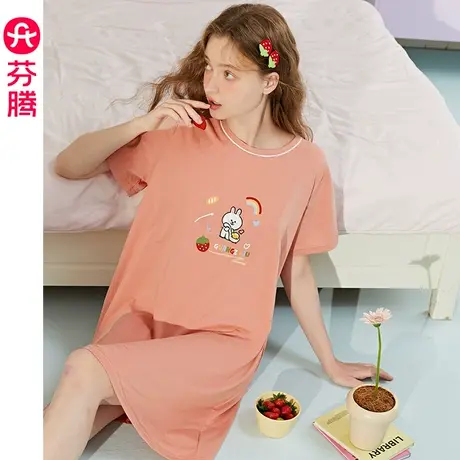 芬腾布朗熊纯棉睡裙女夏季短袖薄款少女韩版卡通可外穿家居服睡衣图片