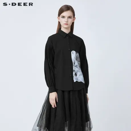 sdeer圣迪奥春装休闲翻领撞色印花宽松长袖衬衫S21380507商品大图