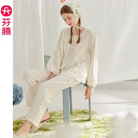 芬腾睡衣女春秋长袖长裤圆领开衫碎花宽松甜美大码休闲家居服套装图片