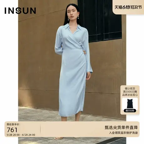 INSUN恩裳专选夏季气质翻领三醋酸捏褶连衣裙图片