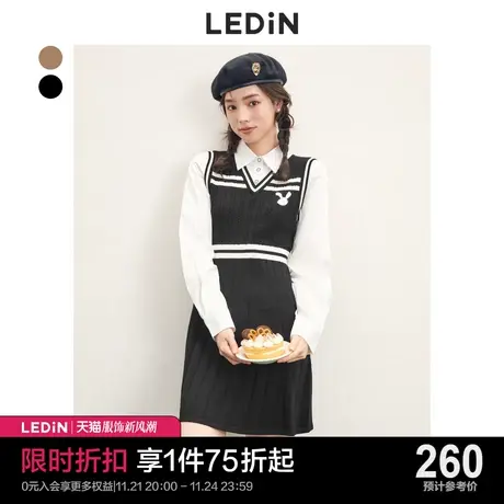 乐町拼接针织连衣裙女学院收腰假两件裙子C1FAC4101图片