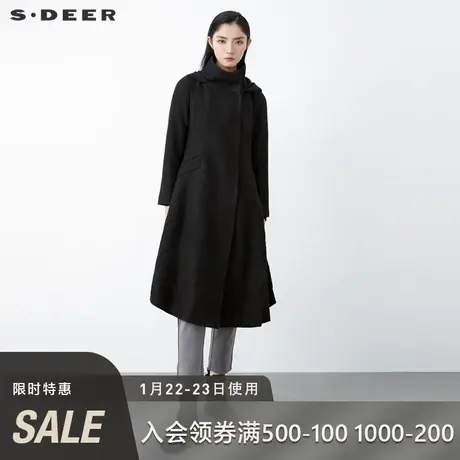 sdeer圣迪奥冬季女装高领连帽拼接中长款黑色毛呢大衣S20481832图片