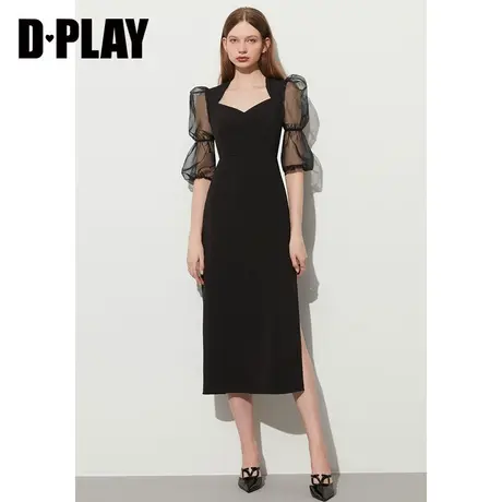 DPLAY2023夏新法式名媛风经典黑美背葫芦袖收腰侧开衩小黑裙图片