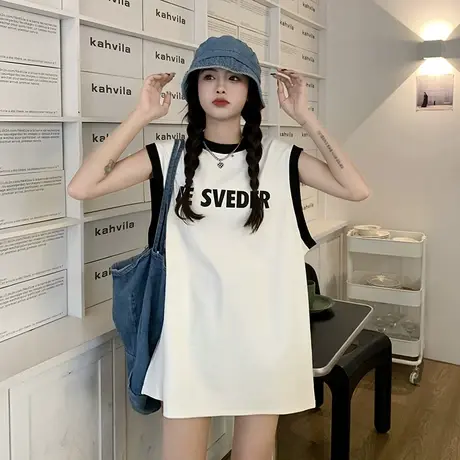 夏季新款大码无袖t恤女设计感小众胖mm遮肚宽松小背心上衣潮200斤图片
