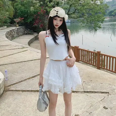 唐狮气质甜美蕾丝网纱短裙女夏季新款高腰A字蛋糕芭蕾风蓬蓬裙GAT图片