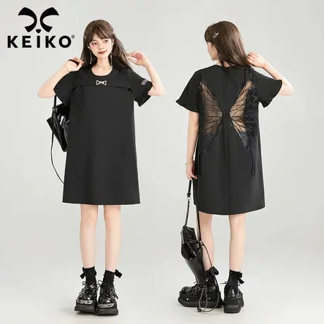 KEIKO 镂空蝴蝶绣 假两件式黑色显瘦连衣裙夏季甜辣妹露背A字裙子图片