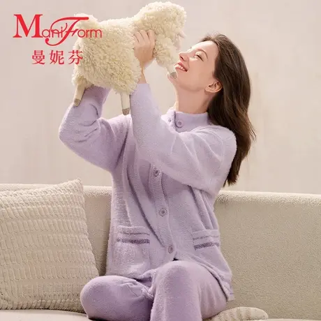 曼妮芬女生舒适圆领开襟长袖长裤套装家居服女士起居服20320661图片
