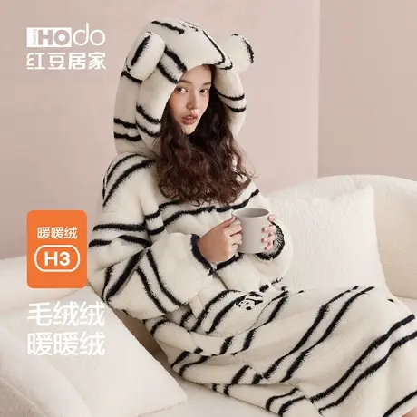 红豆居家女士珊瑚绒睡袍可爱连帽少女风可外穿家居服睡裙长款冬季图片
