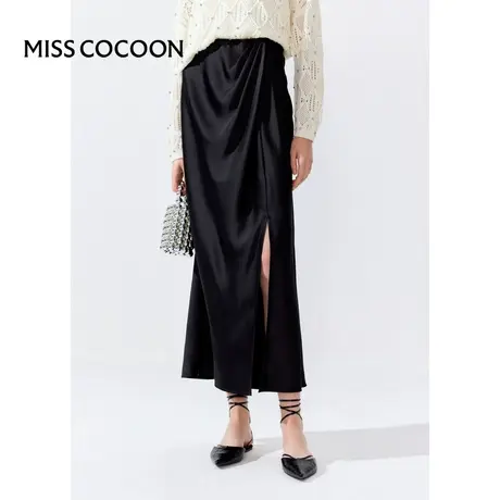 MISSCOCOON【高知touch】24春新款静奢风通勤醋酸开叉褶皱半身裙图片
