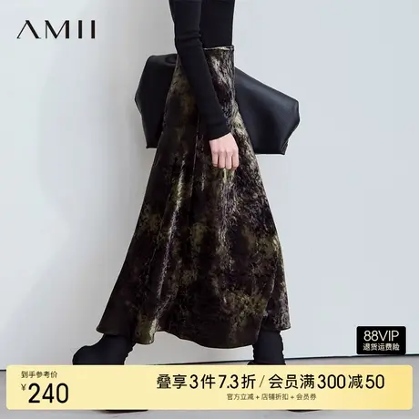 Amii【加厚加绒】2024秋冬复古印花A字松紧腰半身裙厚款丝绒半裙图片