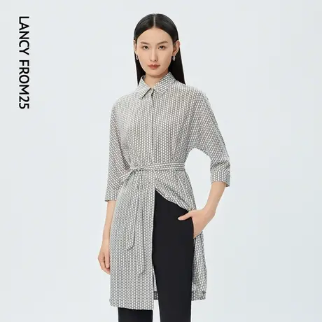 LANCY/悦朗姿女装夏季新款衬衫领收腰显瘦连衣裙子女几何印花图片