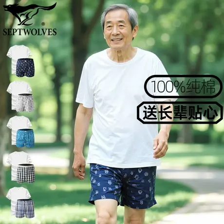 七匹狼2件套家居服套装纯棉男短袖短裤透气阿罗裤老年T恤全棉睡衣图片