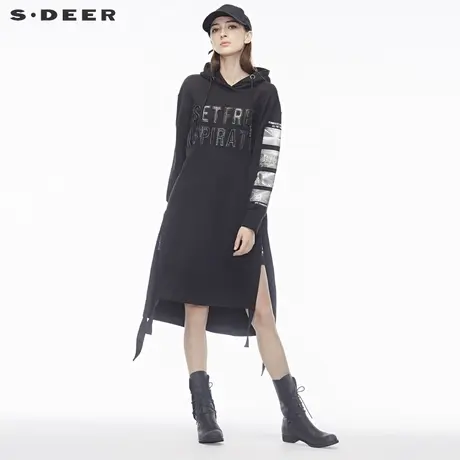sdeer圣迪奥英文印花装饰个性开衩下摆抽绳连帽针织衫S18481249图片