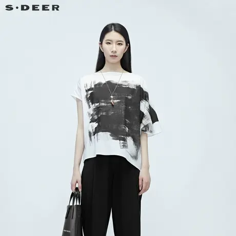 sdeer圣迪奥女夏装宽松涂鸦不规则落肩宽松清凉雪纺T恤S20280185商品大图