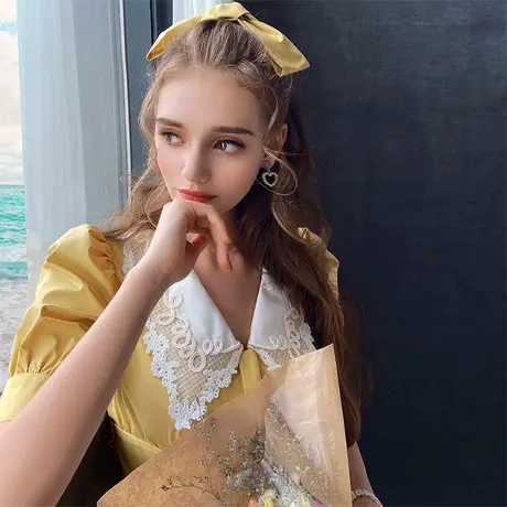 粉红大布娃娃气质淑女花边翻领连衣裙蝴蝶结长裙短袖裙子2021年夏图片