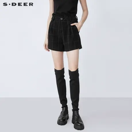 S·DEER圣迪奥女装冬季复古休闲撞色格纹A字毛呢短裤S21480914商品大图